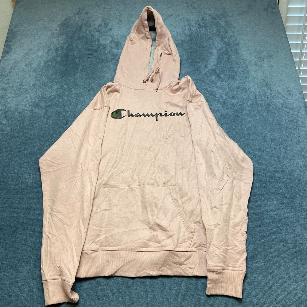 VTG Champion Authentic Hoodie Mens Large Pink Logo Kangaroo Pocket Drawstring